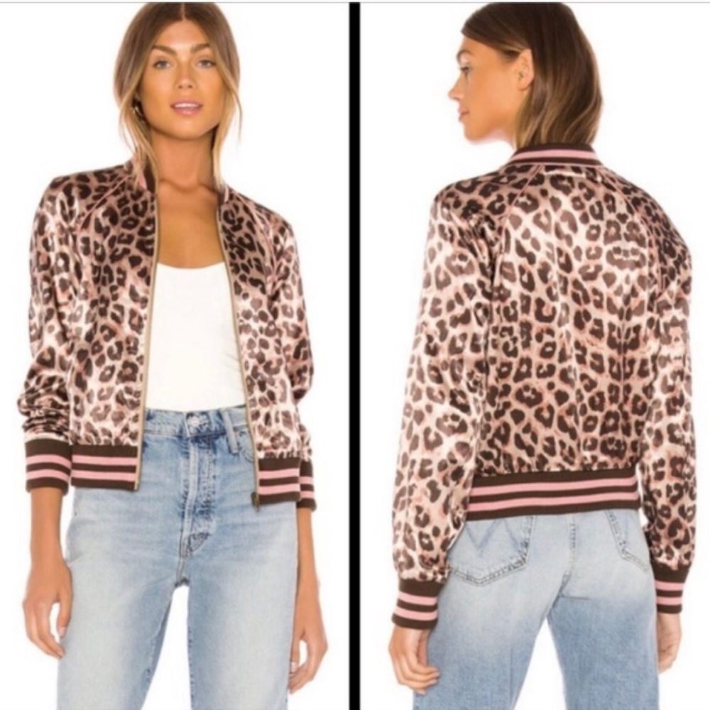 MOTHER Denim Letterman Bomber Wildcat Leopard Animal Print Satin Jacket Size M